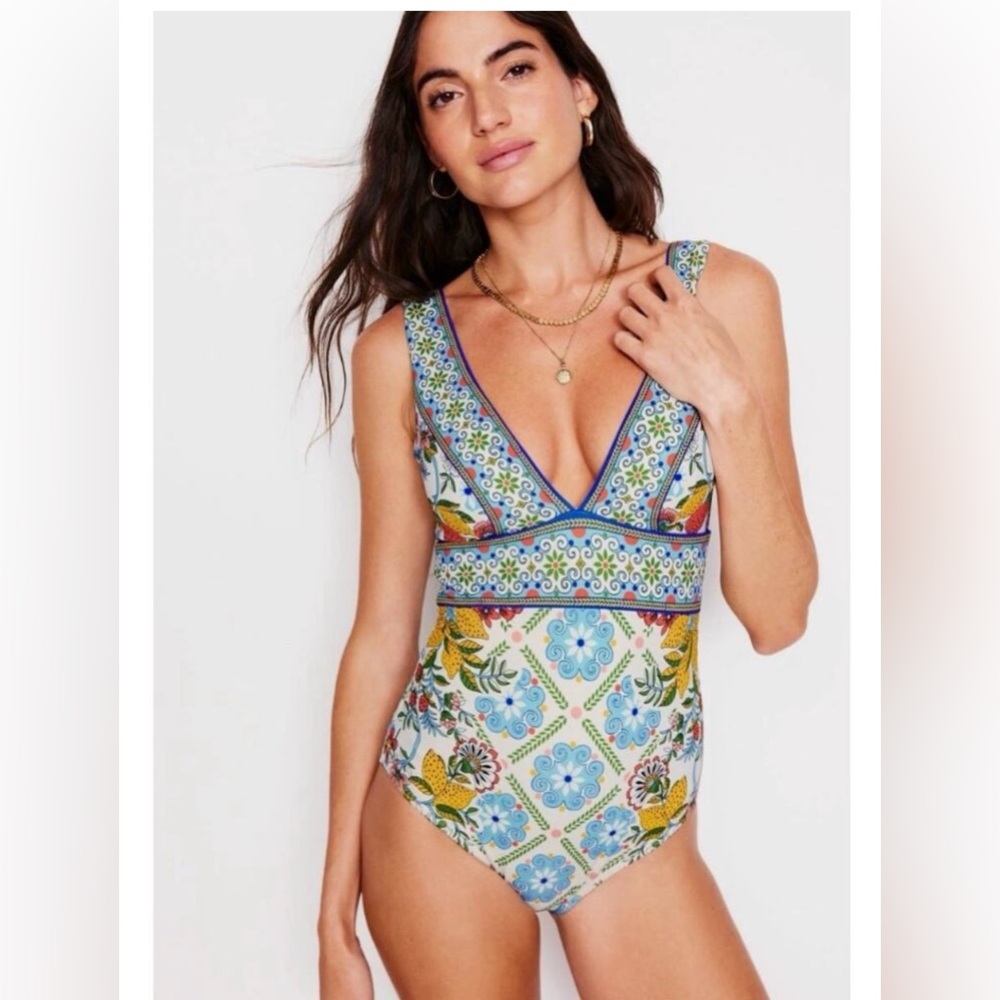 Boden 12L Blue Porto V-Neck Swimsuit Strawberry Citrus Vine One Piece NWT